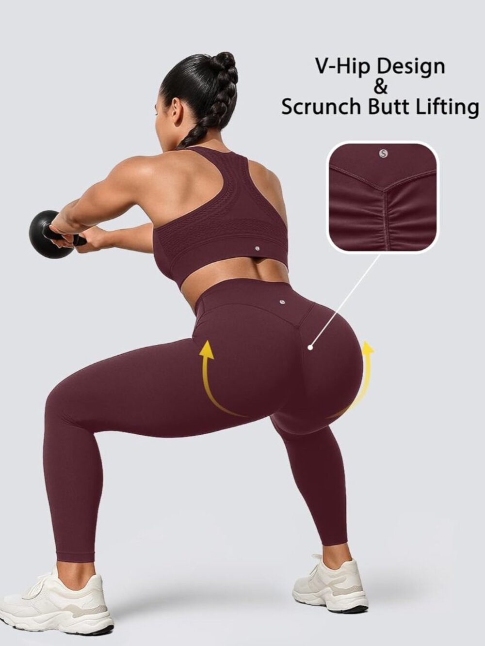 Women's Burgundy Hidden Scrunch Butt Non See Through High Waisted Yoga Leggings - Picture 4 of 6